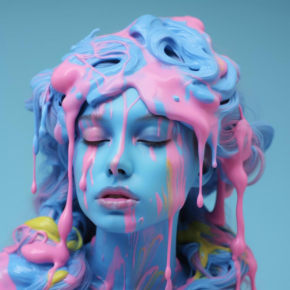 surreal portrait with vibrant paint dripping photo