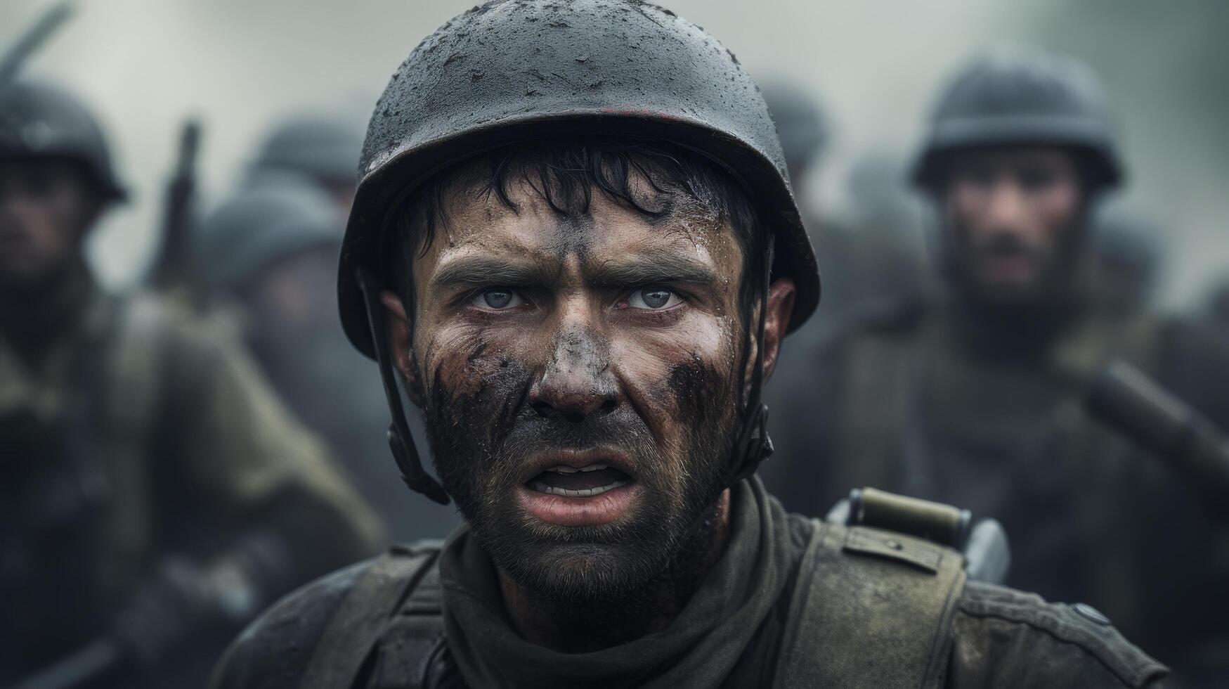 Intense soldier in military helmet with serious expression photo