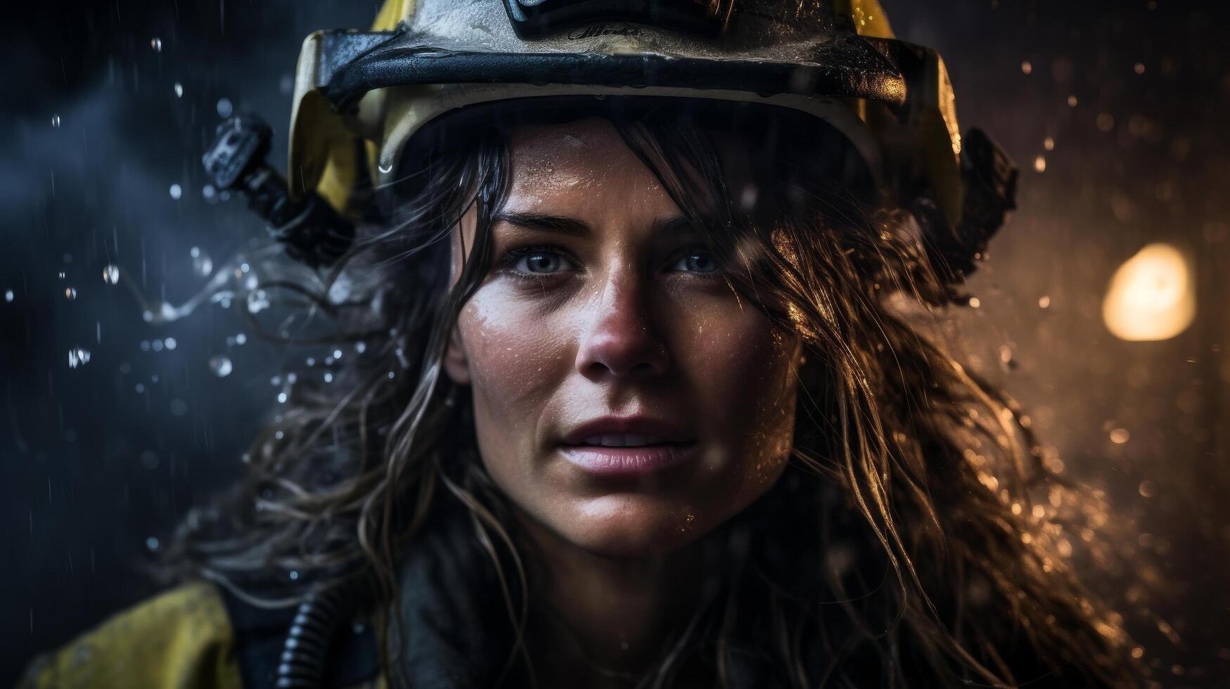 Determined woman in protective gear facing adversity photo