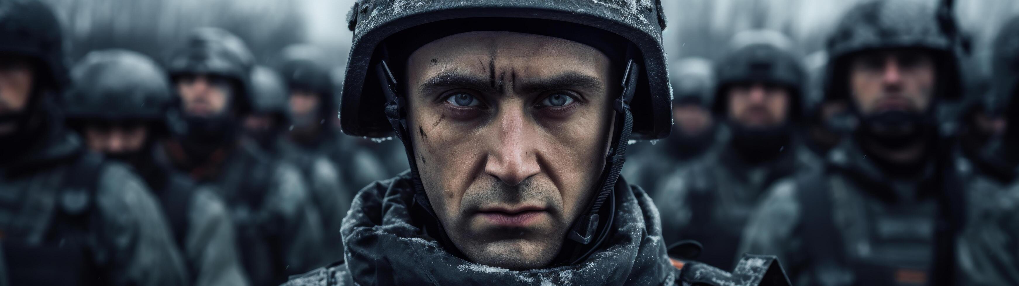 Determined military soldier in winter uniform photo