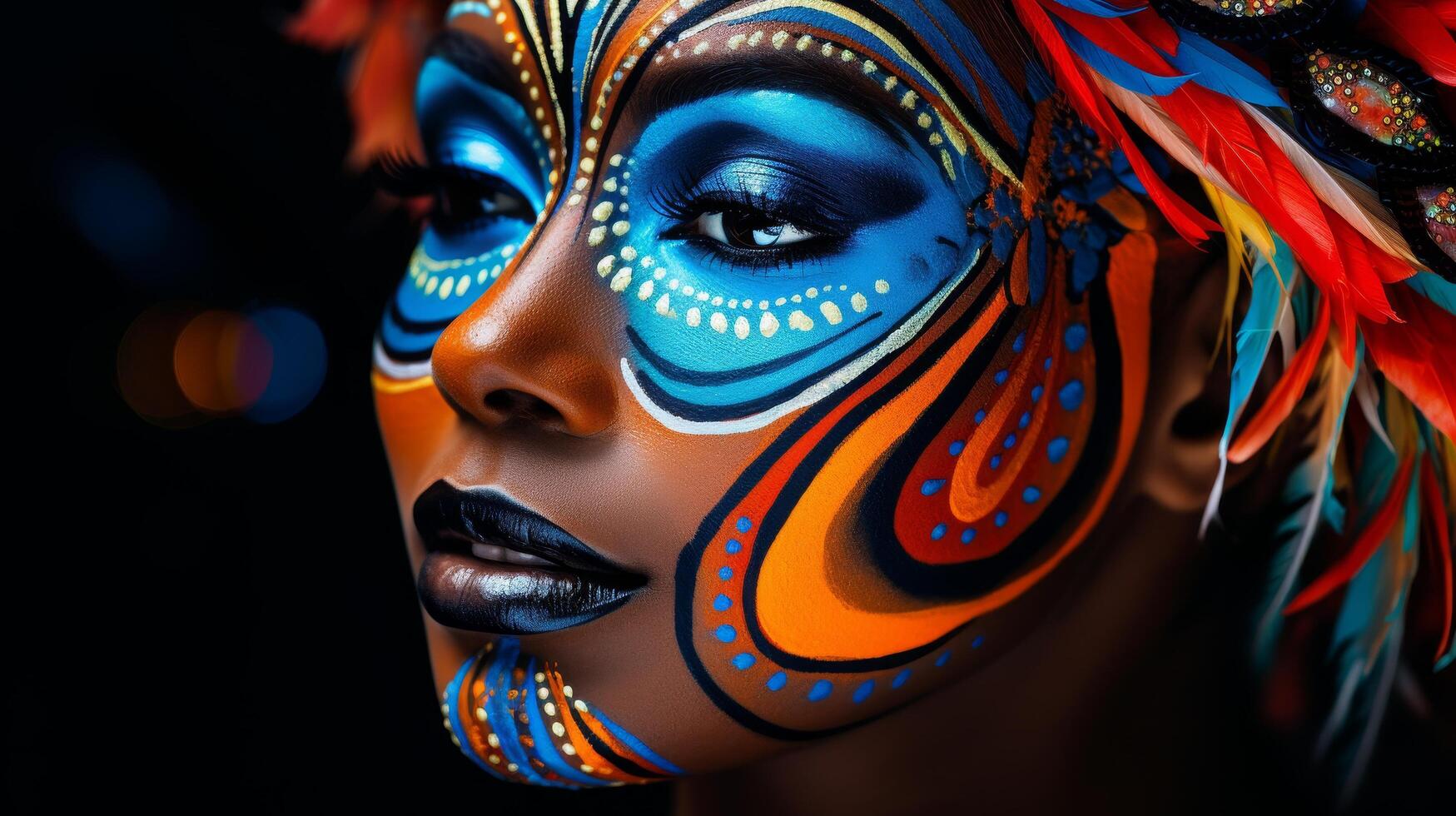 Vibrant face painting with feathers photo