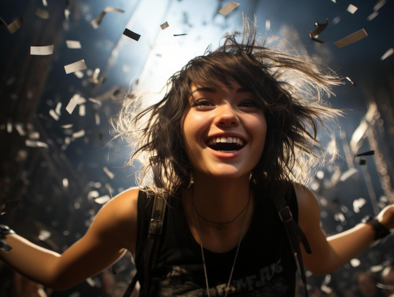 joyful woman with wind blown hair photo