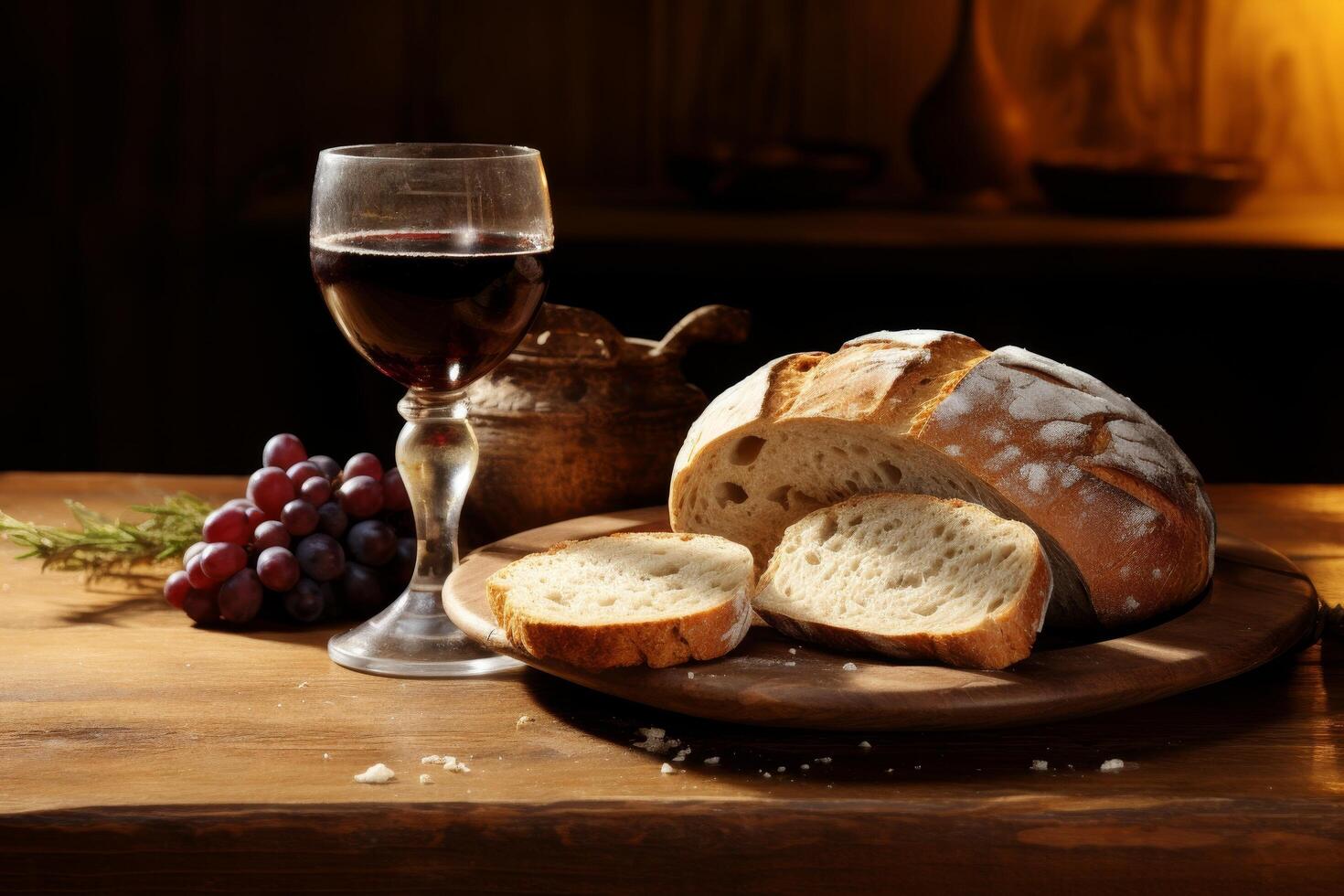 fresh homemade bread and red wine photo