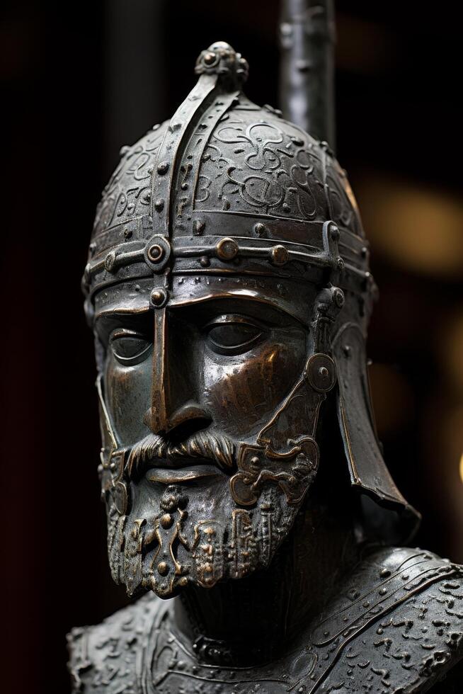 Ornate medieval warrior helmet with intricate designs photo