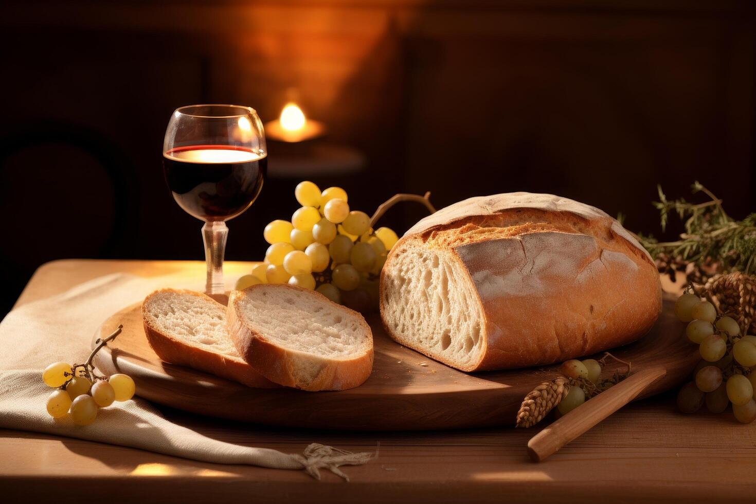 cozy evening with bread, wine, and grapes photo