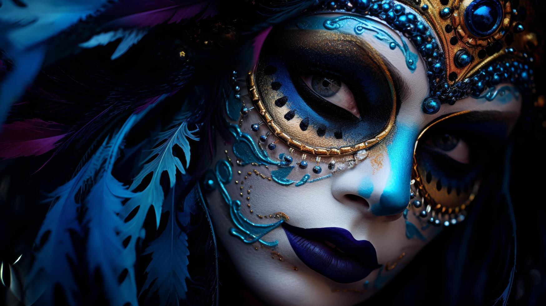 Mysterious masked woman with ornate makeup and feathers photo