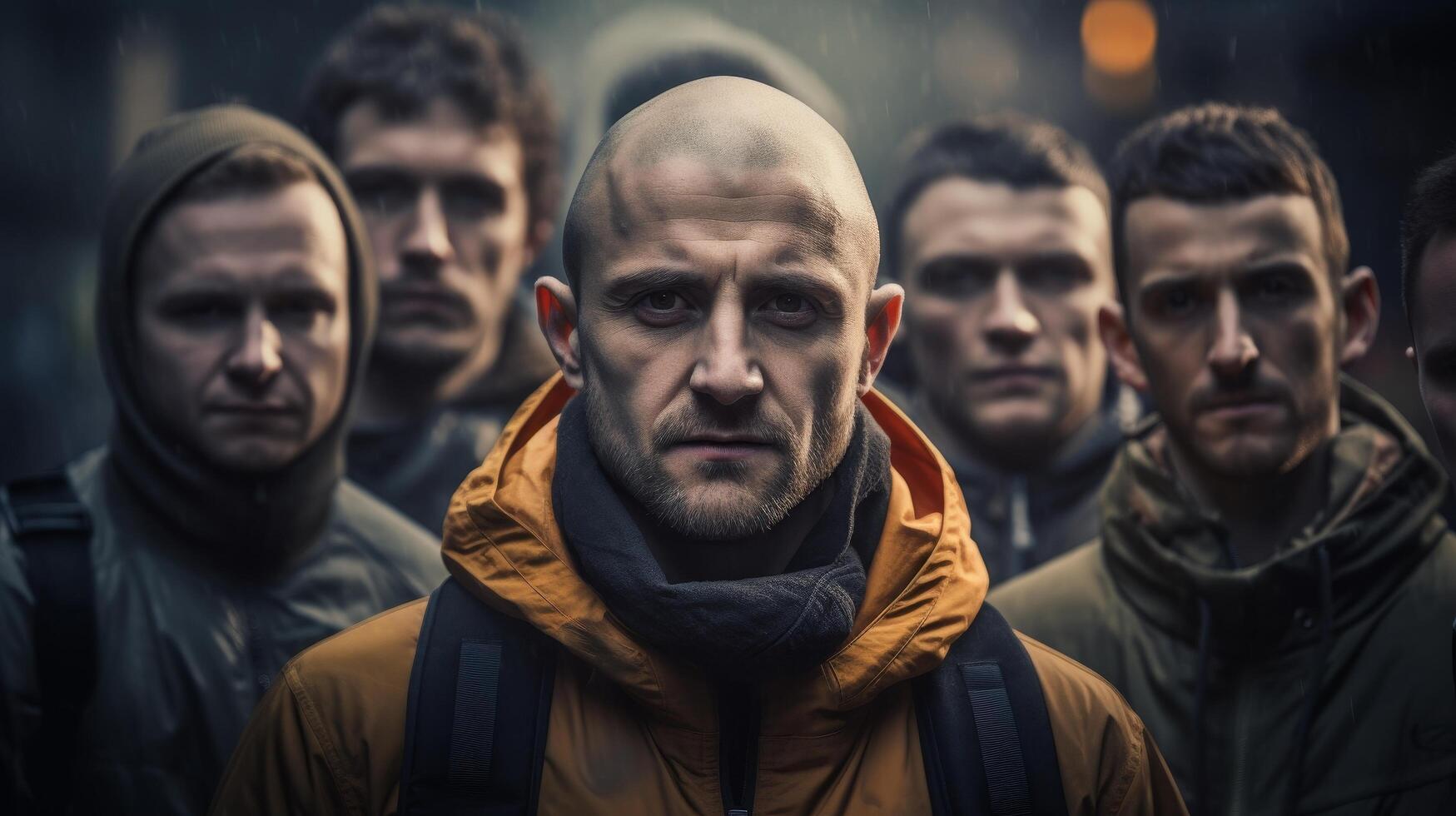 group of serious looking men in winter clothing photo