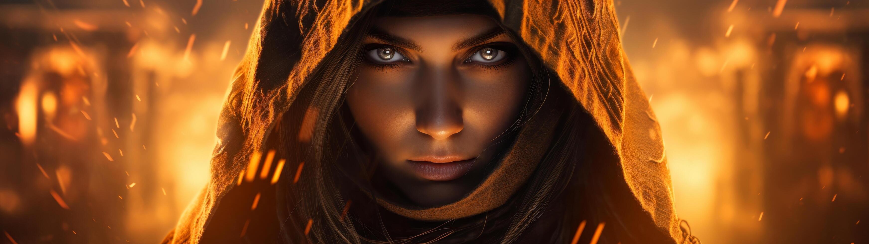 intense gaze of a mysterious hooded figure photo