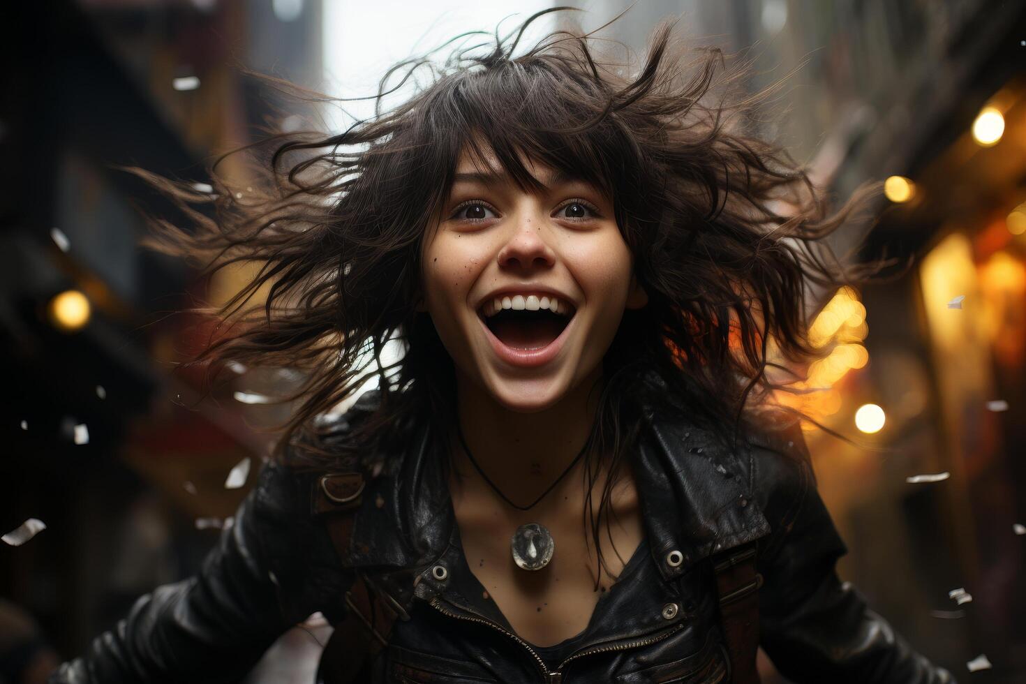 Excited young woman with windblown hair photo