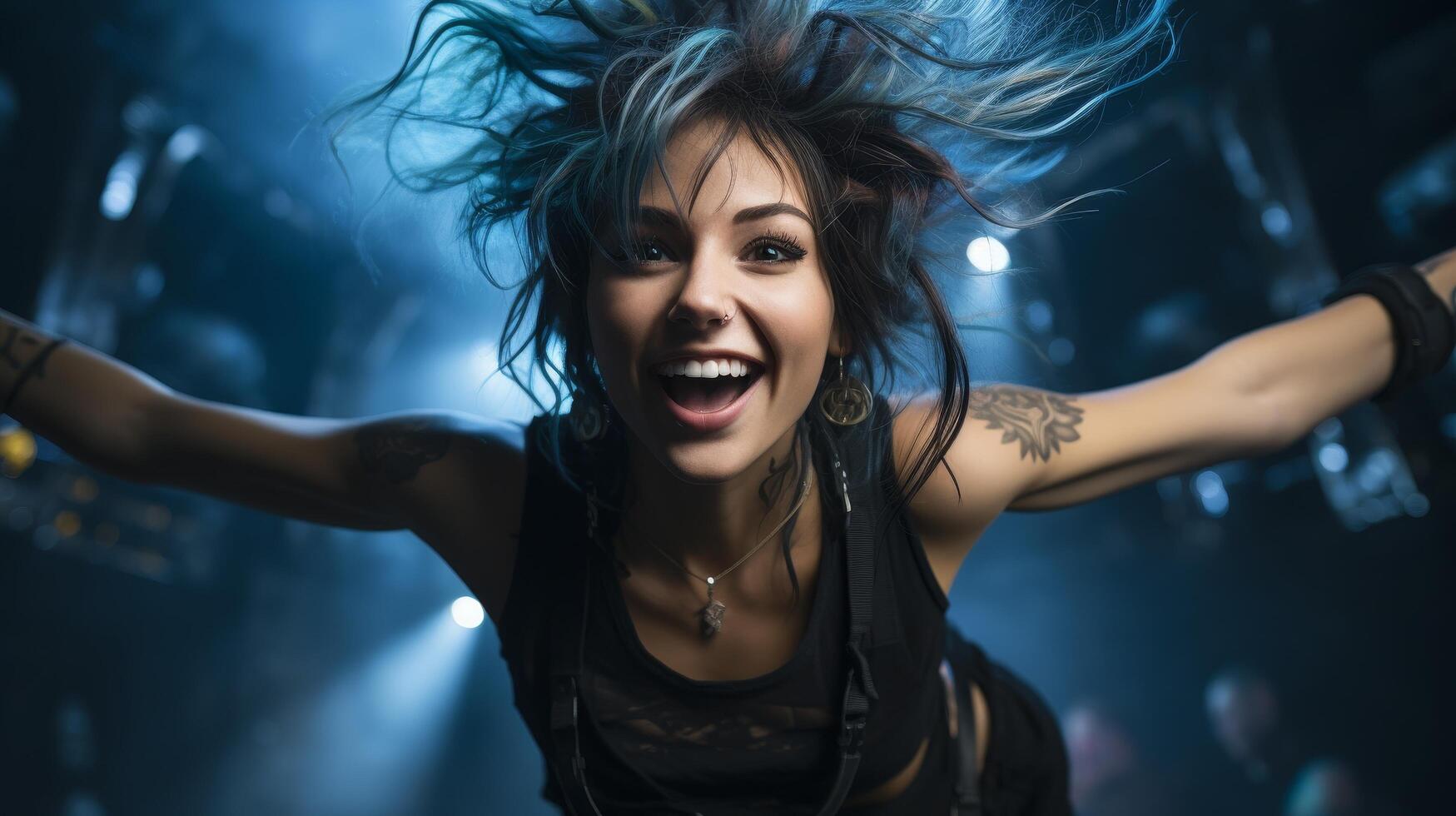 Energetic young woman with wild hair and tattoos photo