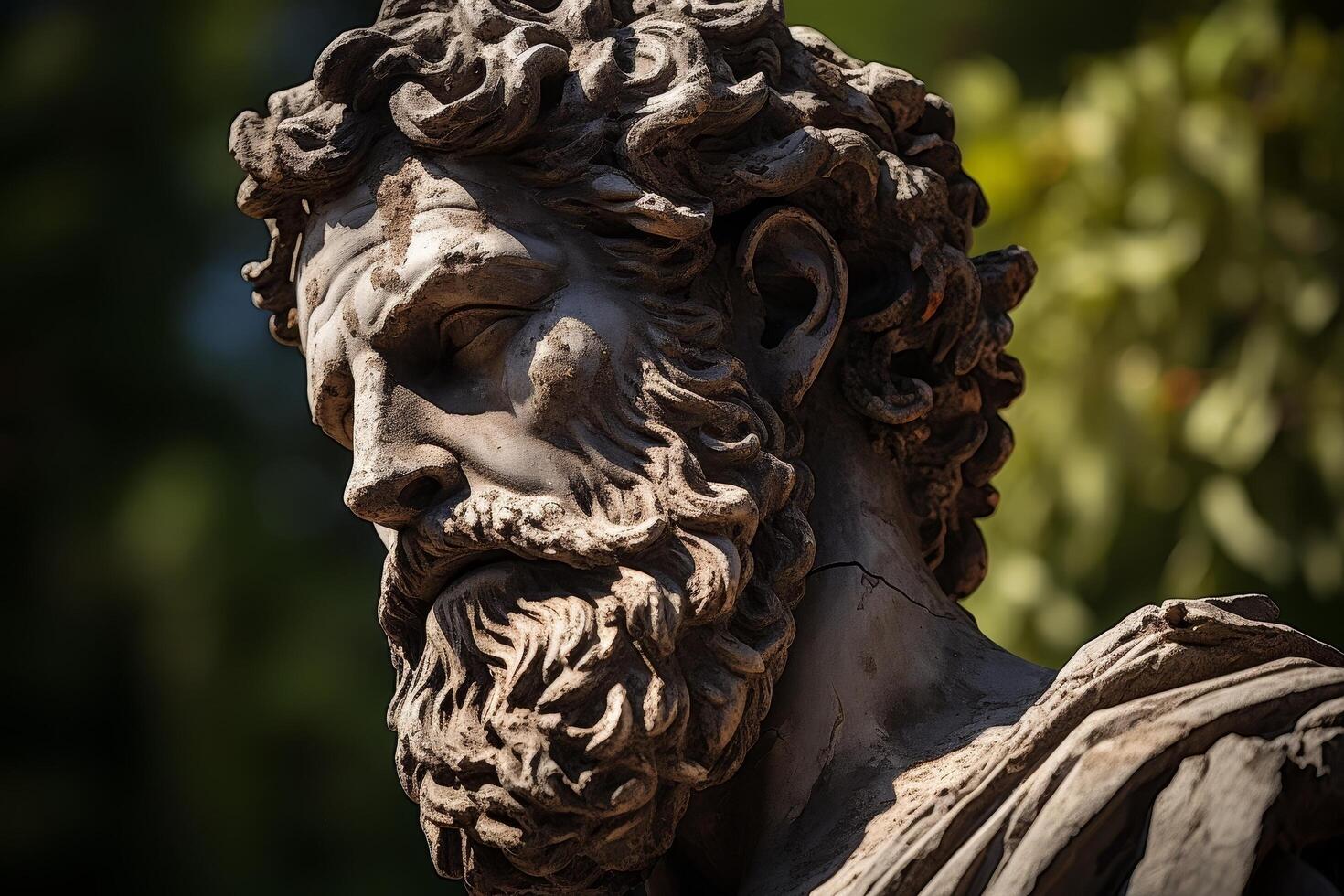 Weathered stone face sculpture with intricate details photo