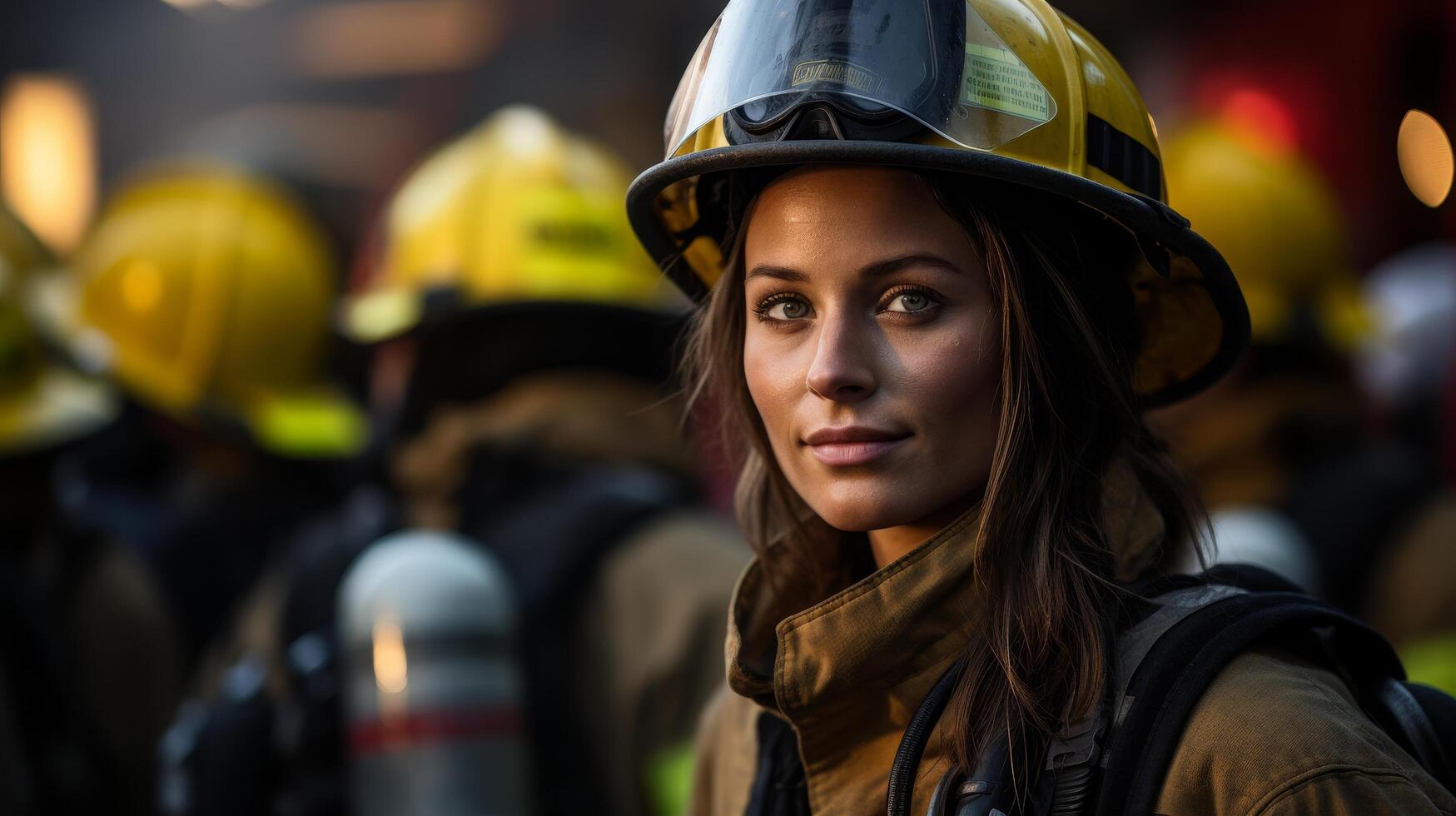 female firefighter in uniform with helmet photo