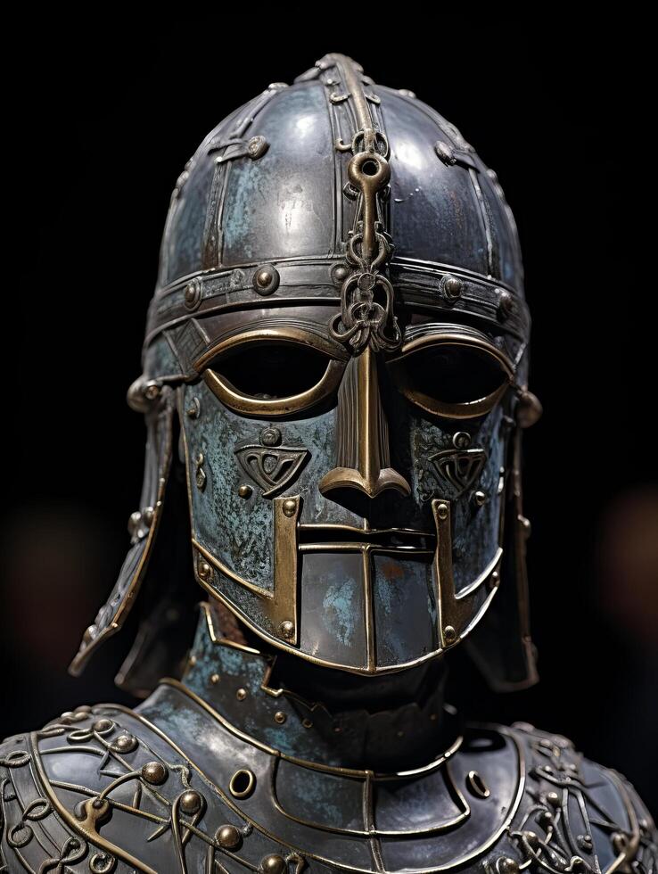 Ornate medieval helmet with intricate design photo