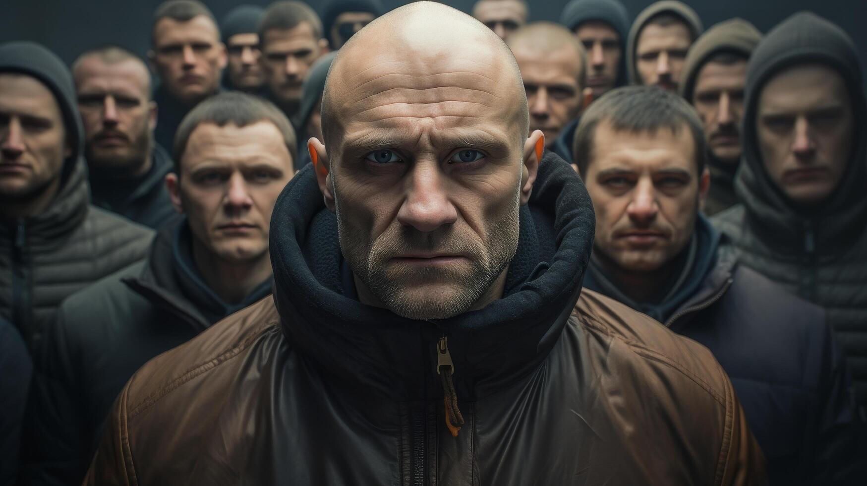 Serious bald man surrounded by crowd of men photo