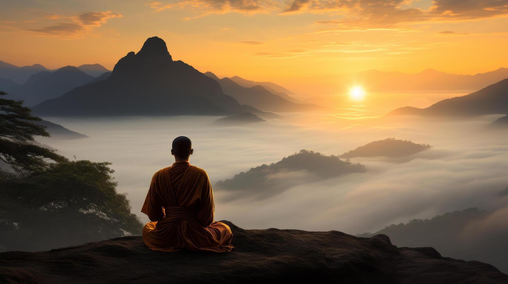 serene mountain landscape with meditating monk at sunset photo