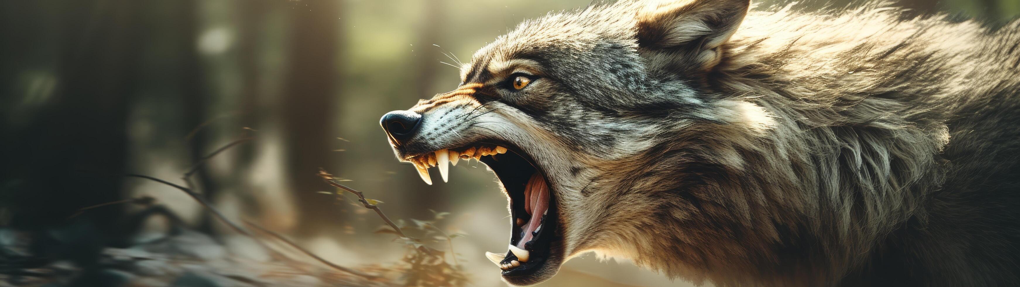 Fierce wolf snarling in the wilderness photo