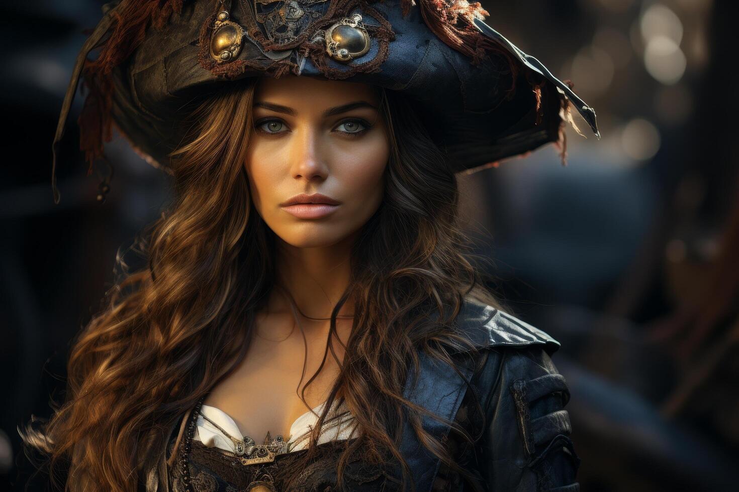 Mysterious pirate woman with intense gaze photo