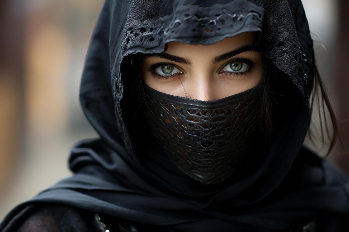 mysterious woman in black veil with piercing eyes photo