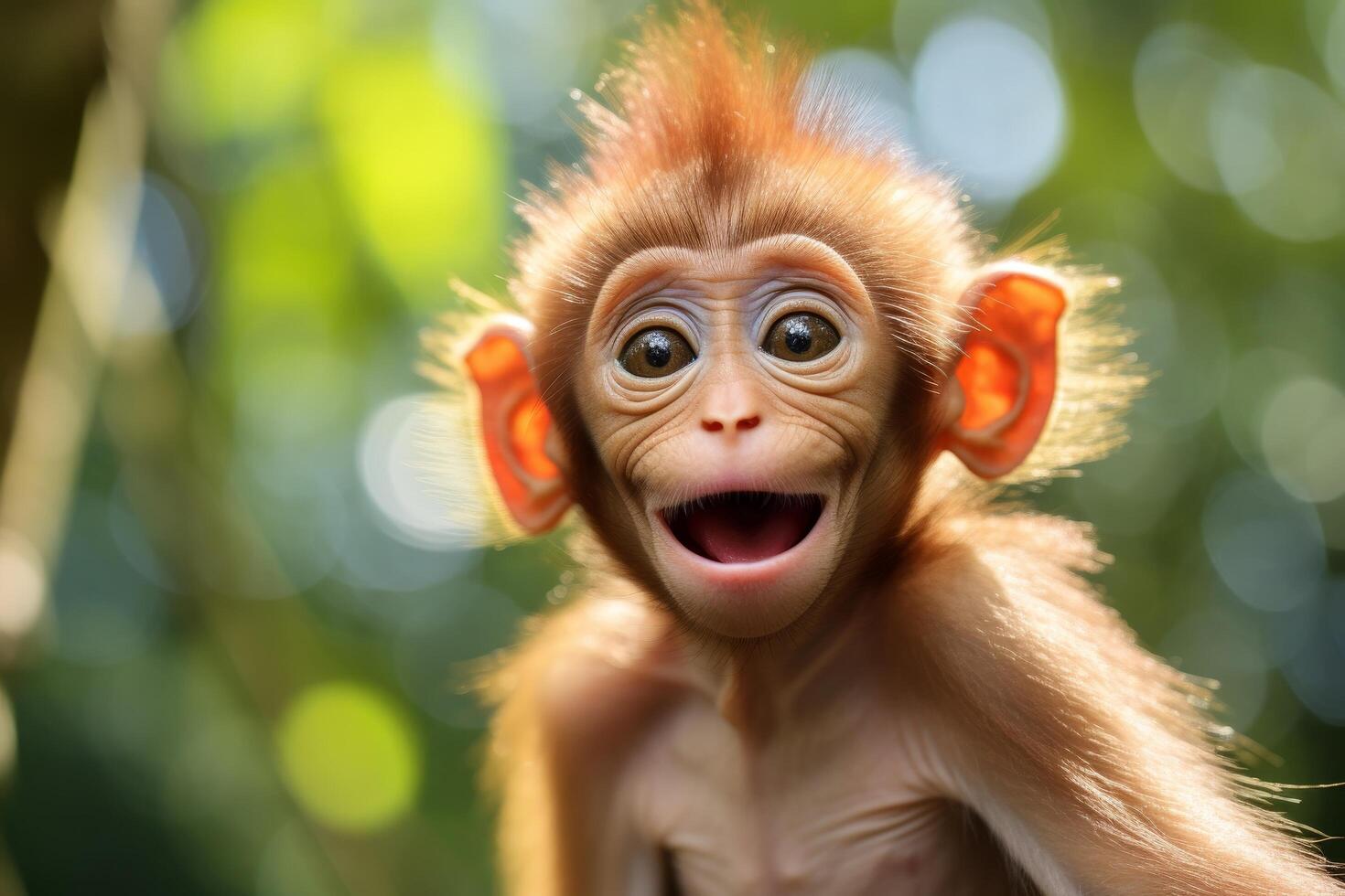 Surprised and excited baby monkey with wide eyes and open mouth photo