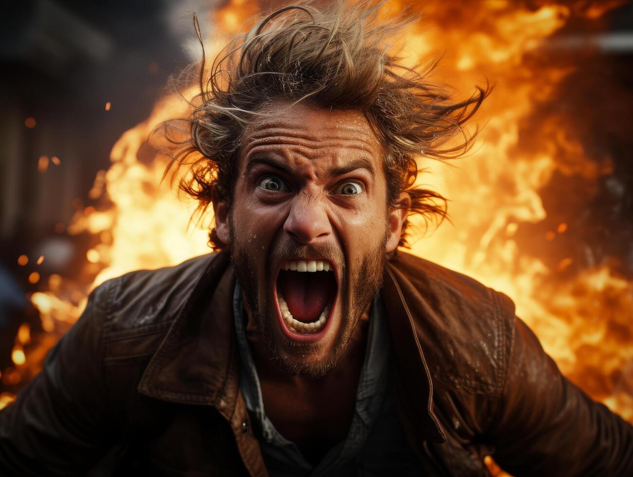 Intense man with wild hair screaming in front of fire photo