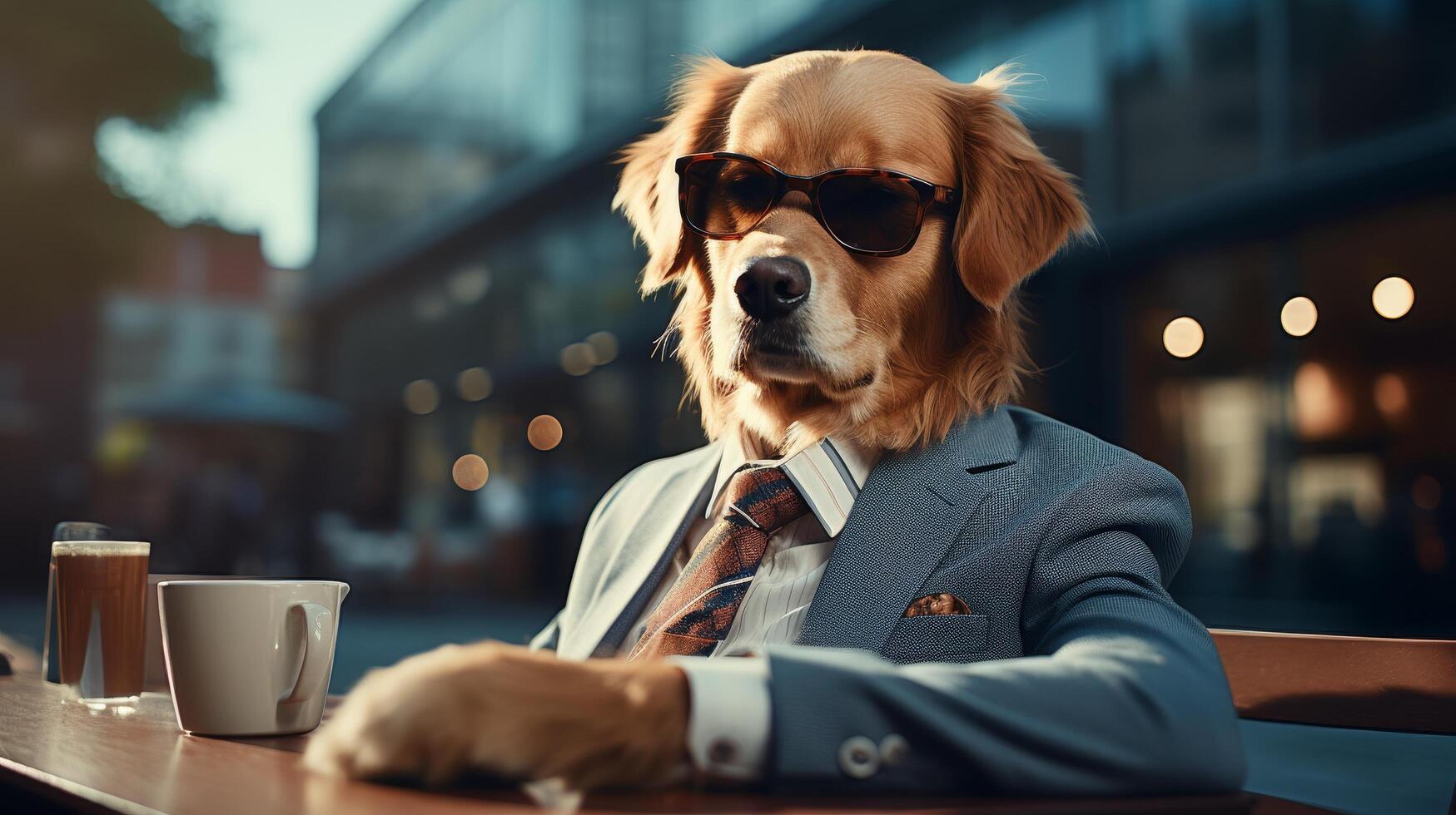 Stylish dog in business attire enjoying a coffee break photo