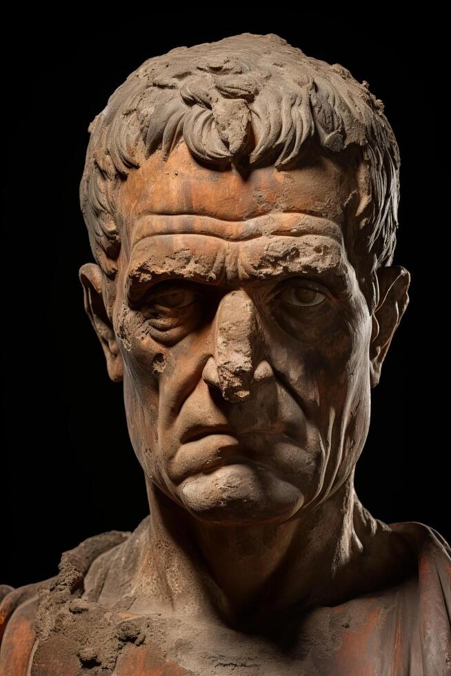 Weathered stone sculpture of a stern looking man photo