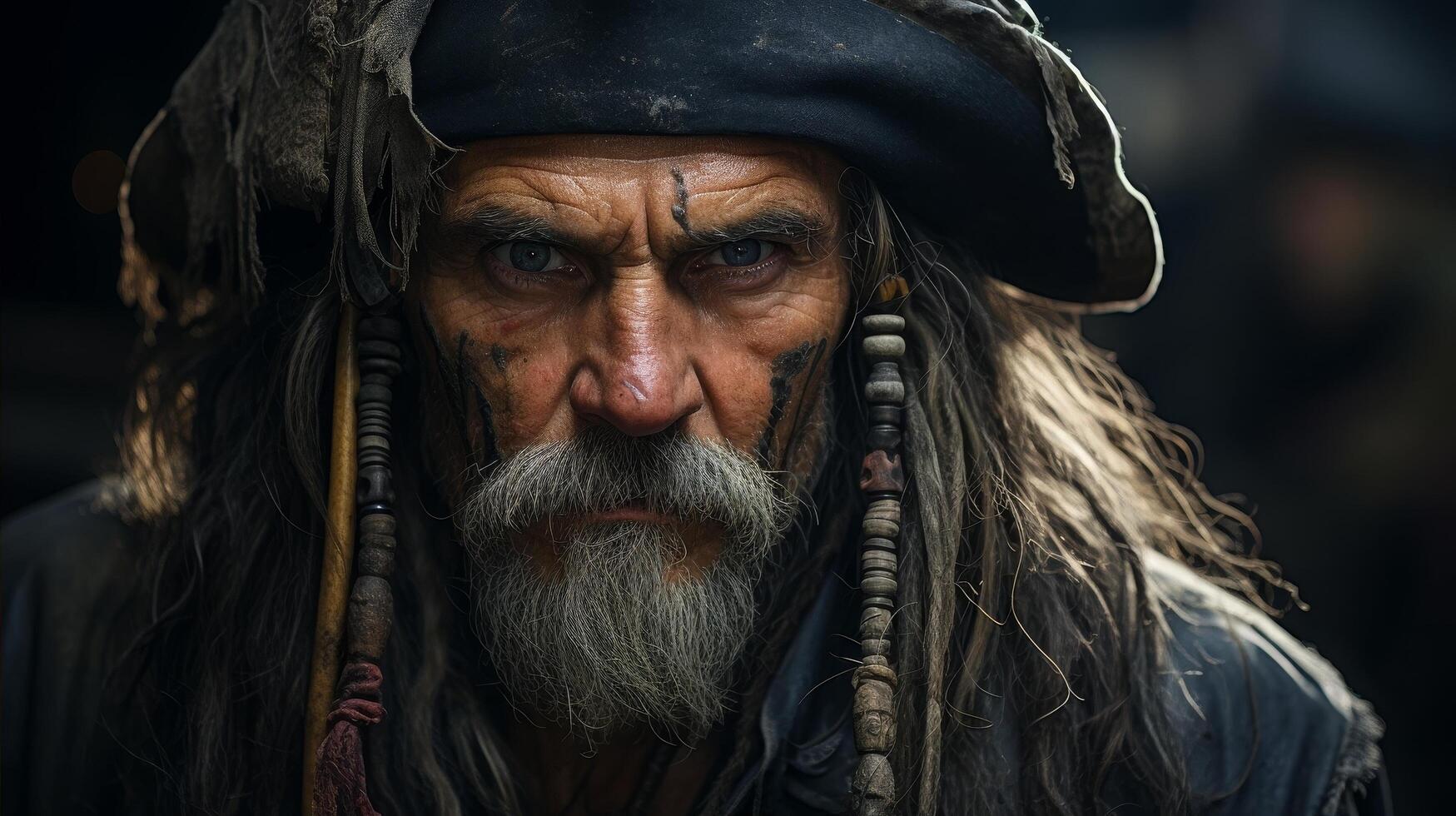 Weathered face of an elderly man with long beard and hat photo