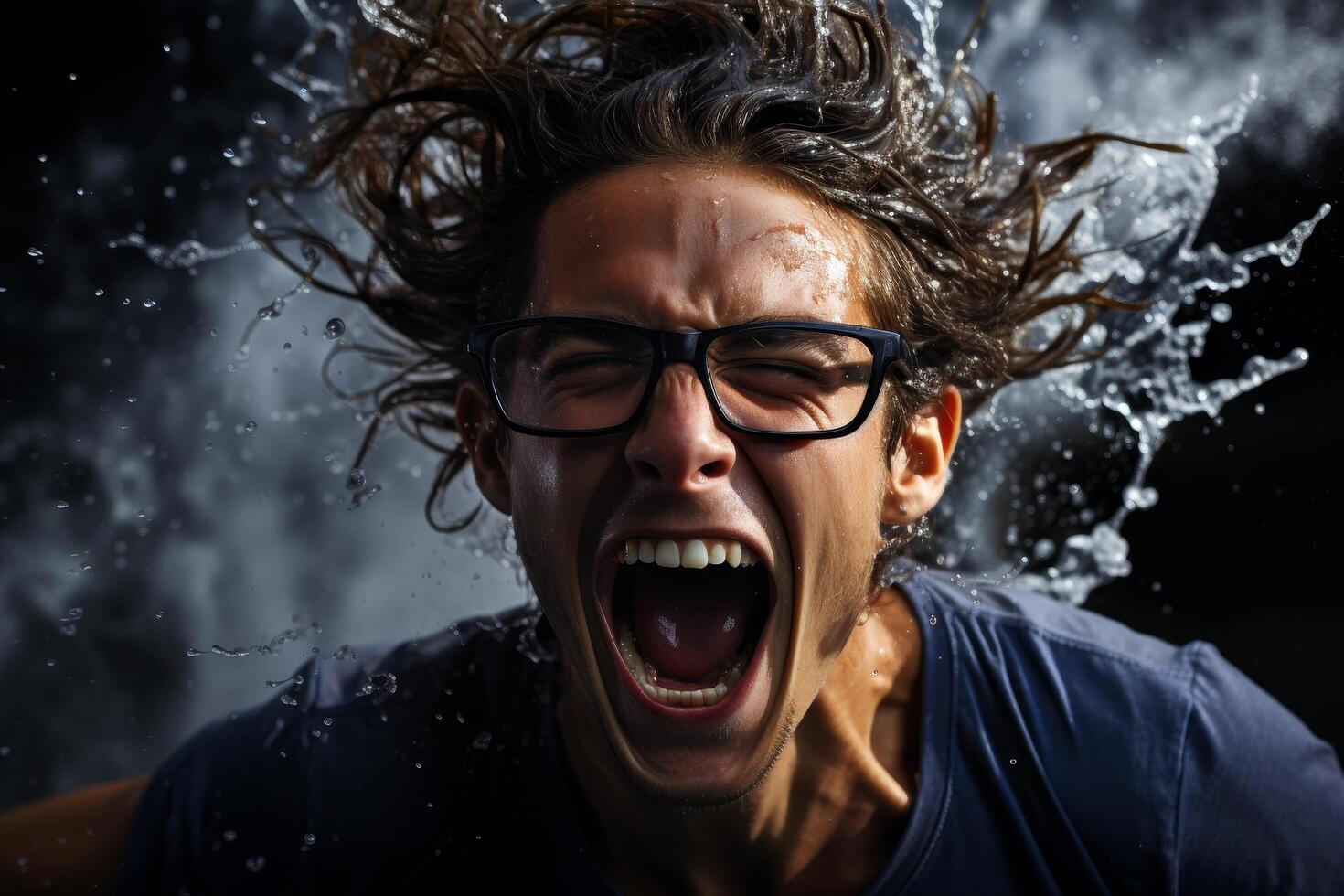 Intense expression of a person screaming in the rain photo