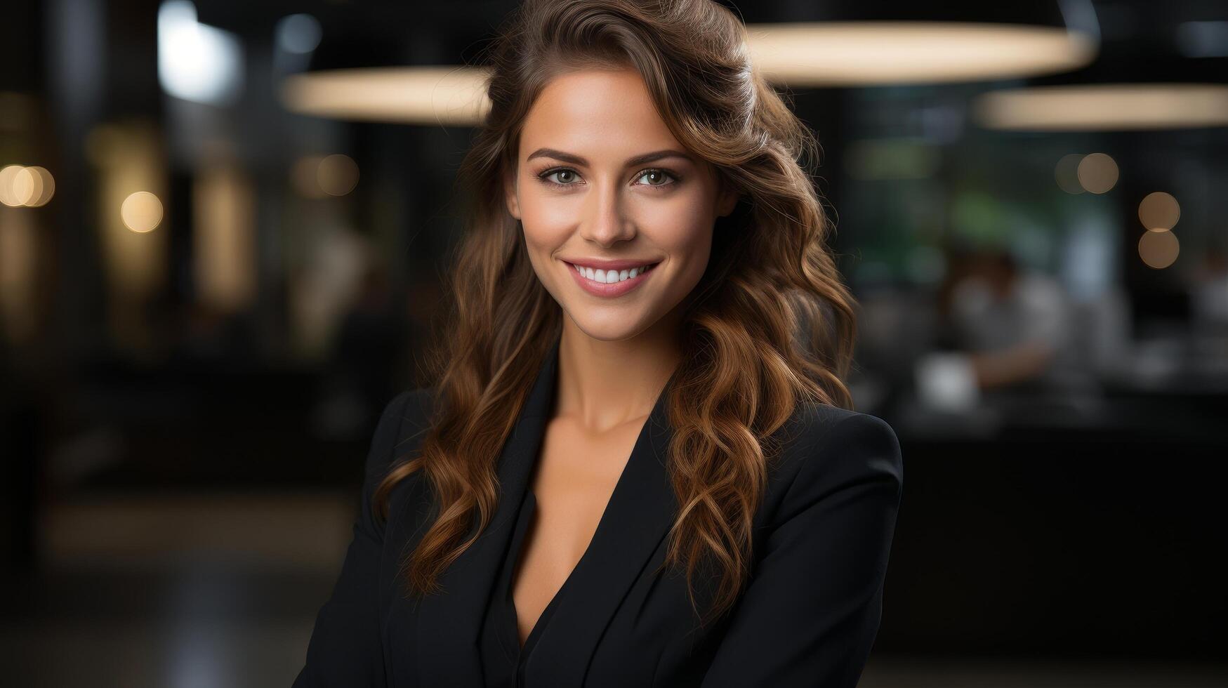 Confident woman in black suit smiling photo