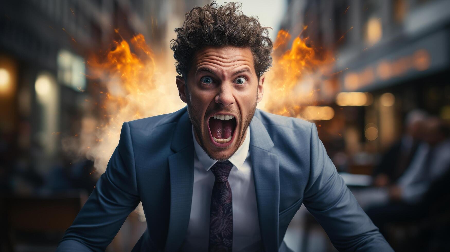 Furious businessman in suit with fiery explosion background photo