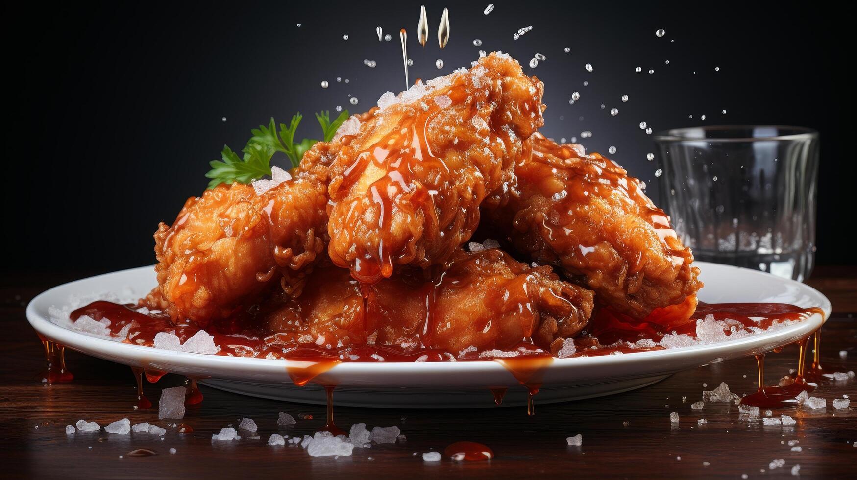 Delicious fried chicken with sweet and sticky glaze photo