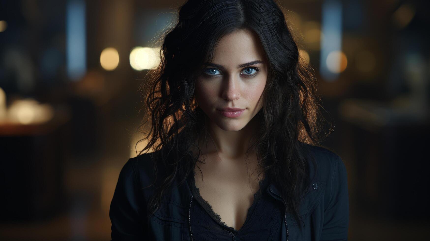 Mysterious woman with dark hair and intense gaze photo