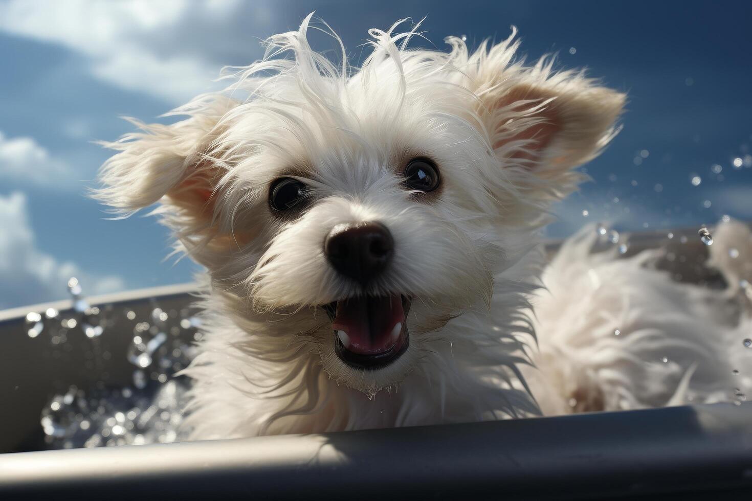 Adorable fluffy white dog with happy expression photo