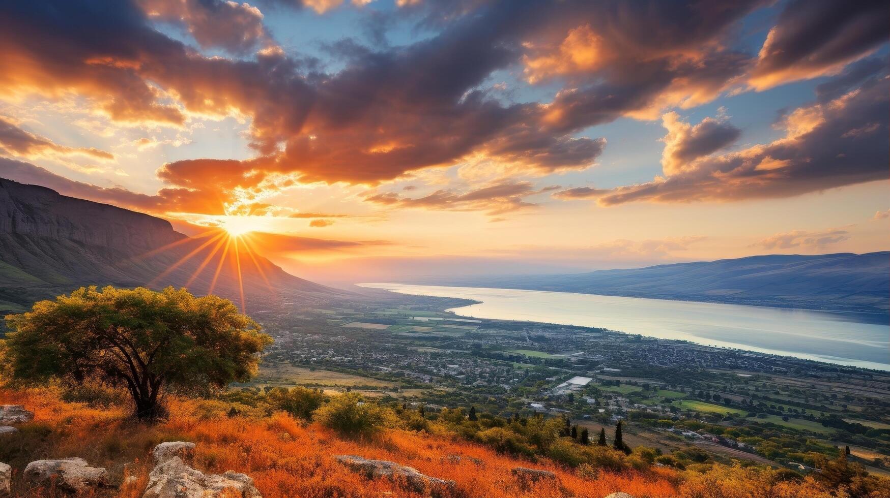 Stunning sunset over a scenic valley landscape photo