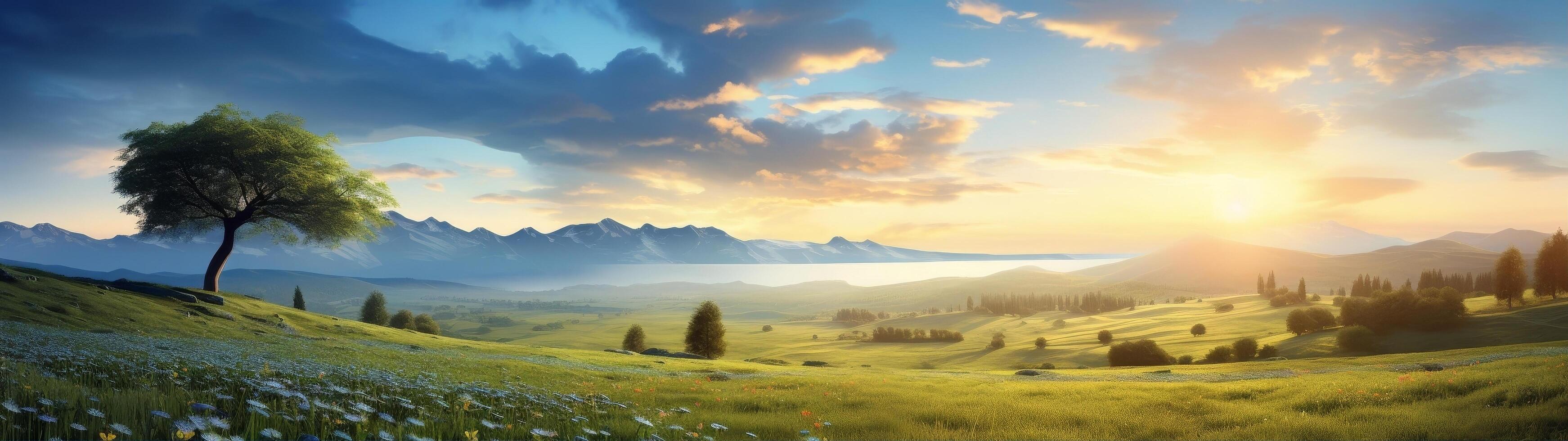 Peaceful mountain landscape at sunset photo