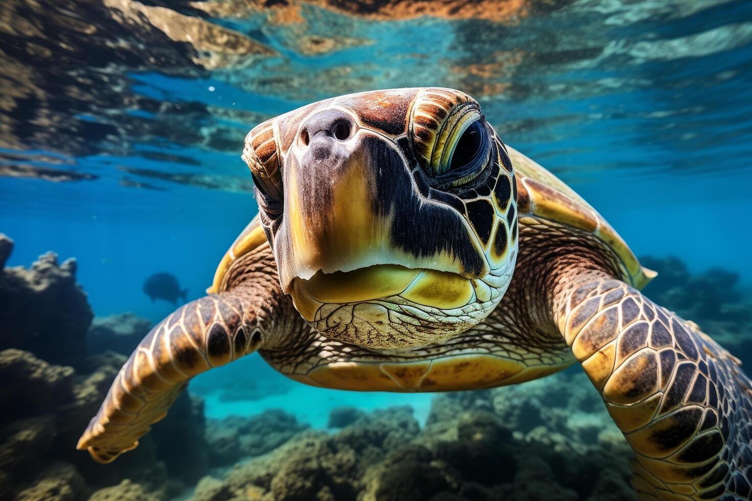 Curious sea turtle swimming underwater photo