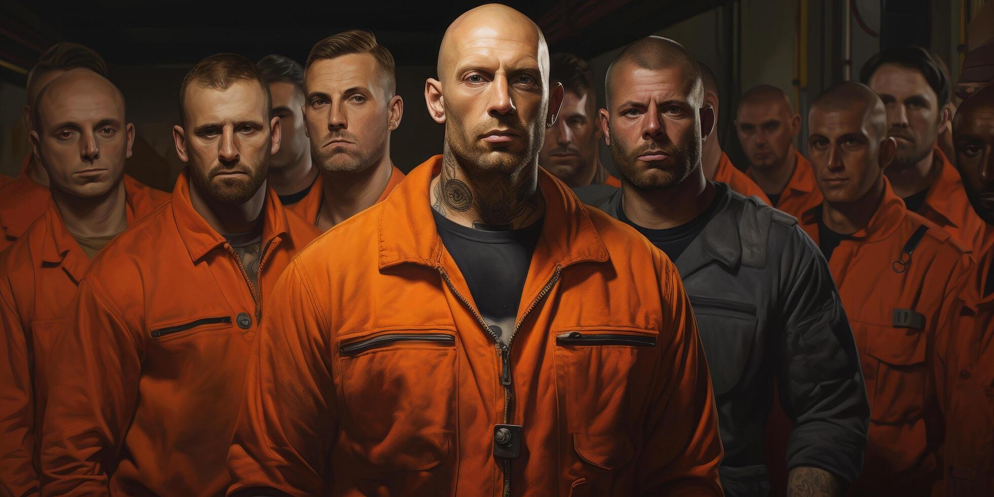 group of serious looking men in orange prison uniforms photo