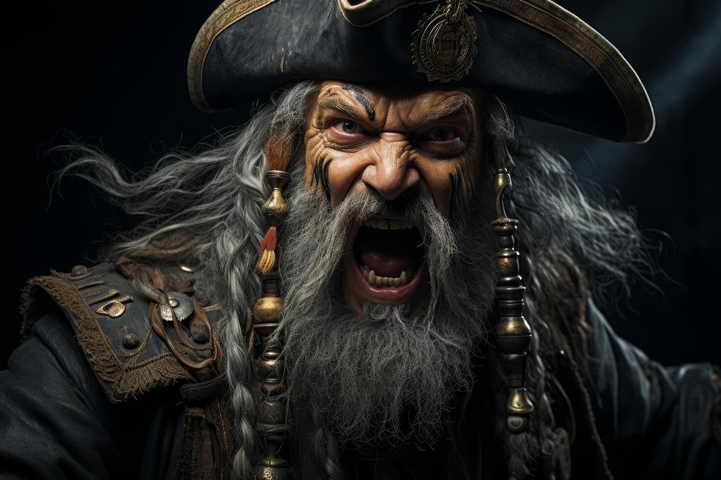 Angry pirate with long gray beard and hat photo