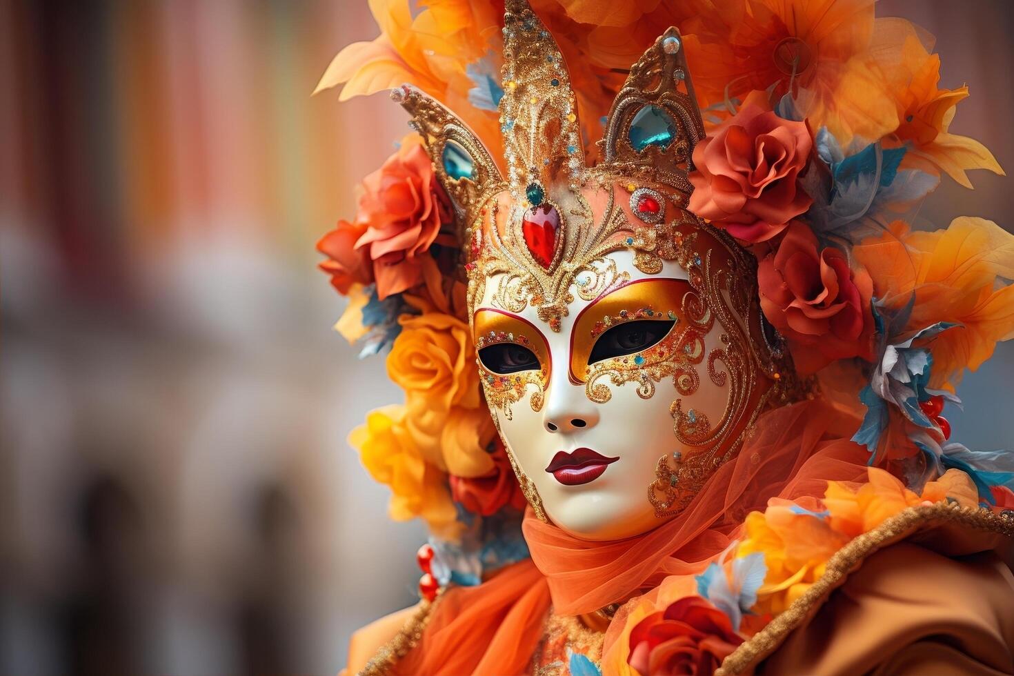 ornate venetian carnival mask surrounded by vibrant flowers photo