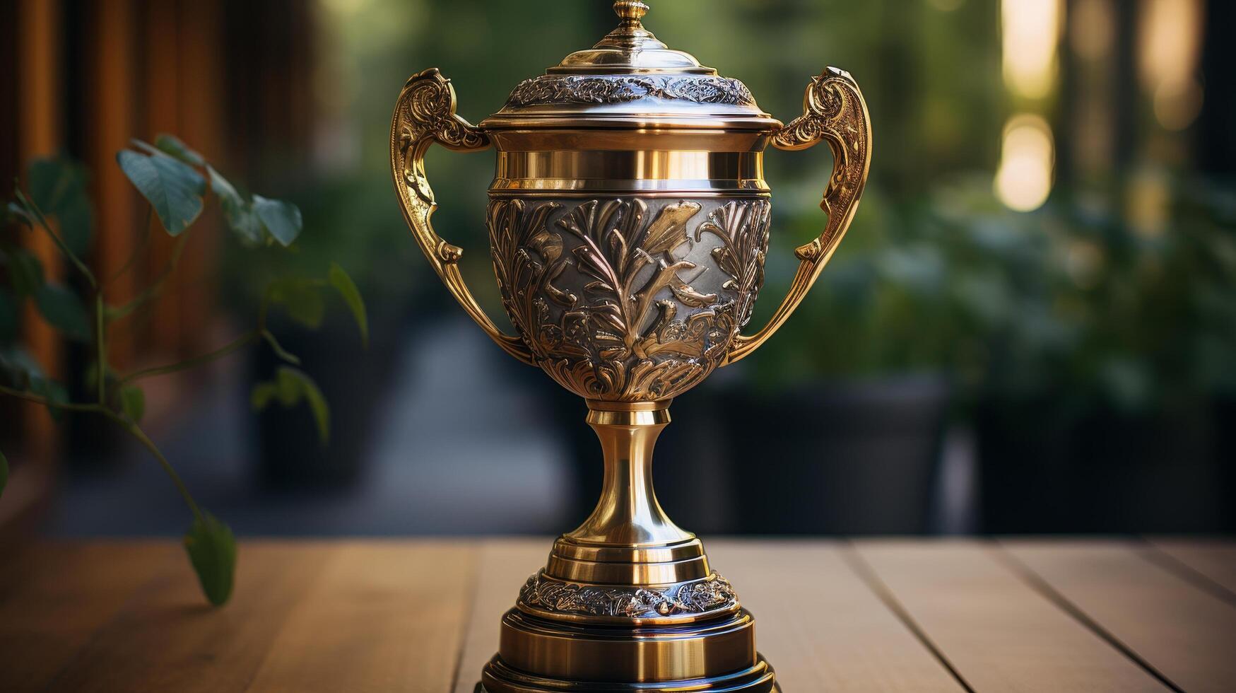 Ornate golden trophy on wooden table photo