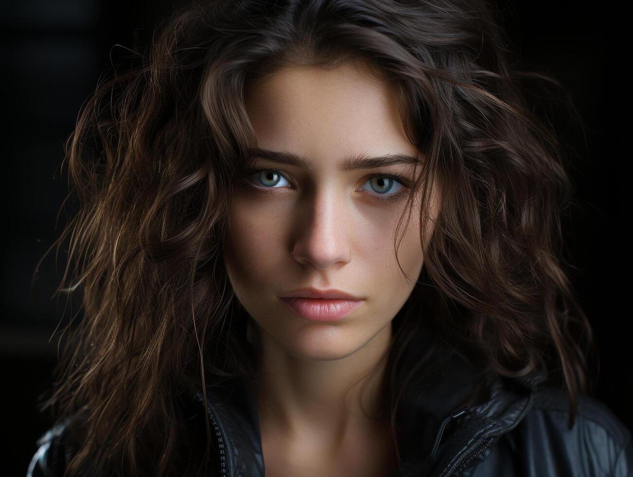 Intense gaze of a young woman with dark hair photo