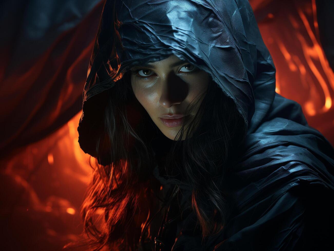 mysterious hooded figure in dark and fiery environment photo