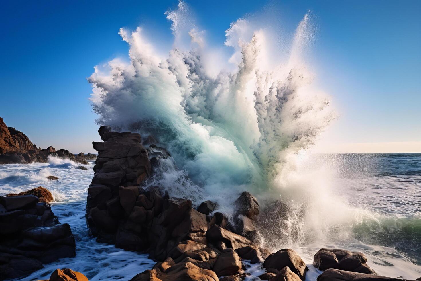 Powerful ocean waves crashing against rocky coastline photo