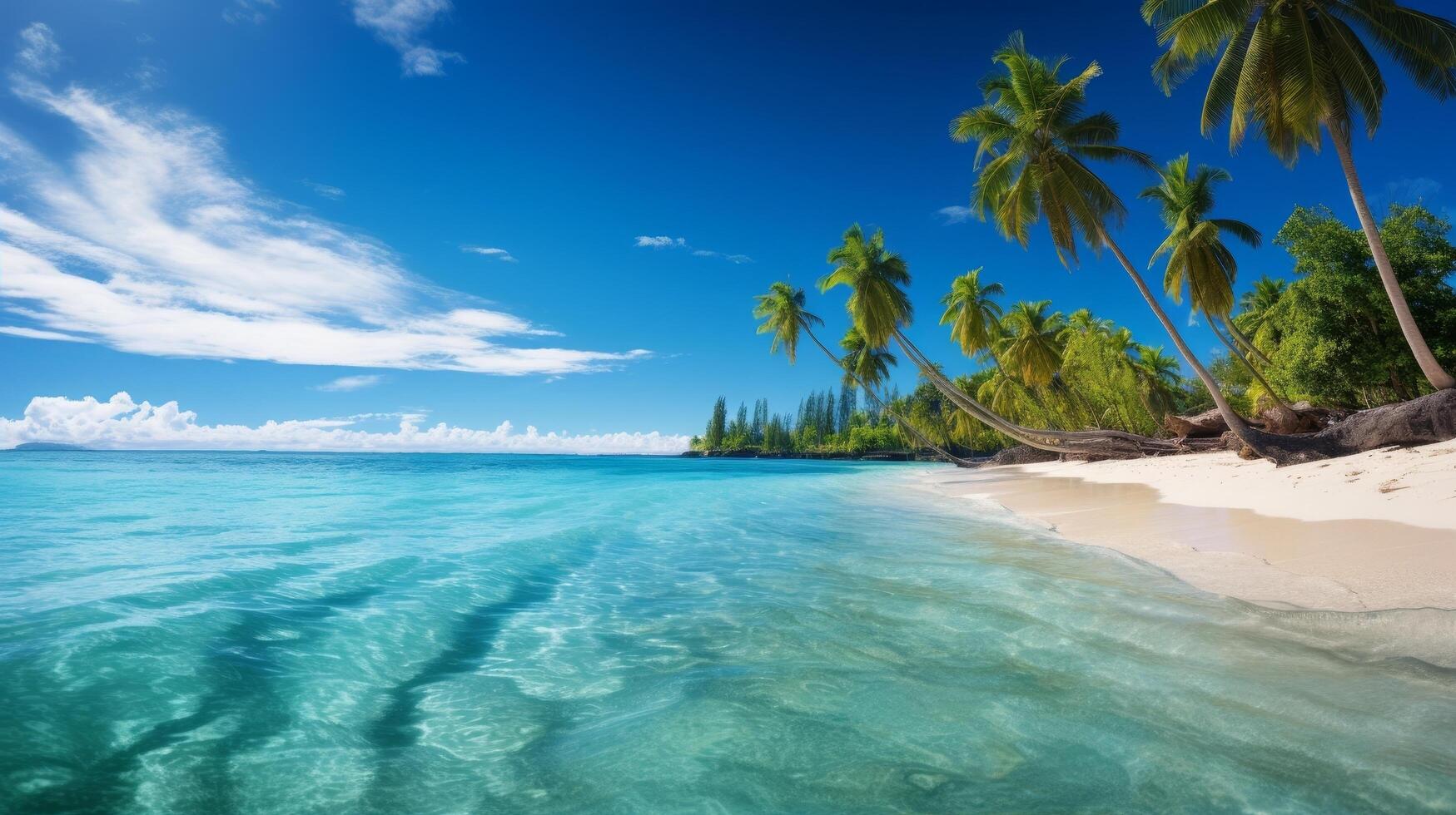 Tropical paradise beach with palm trees and crystal clear waters photo