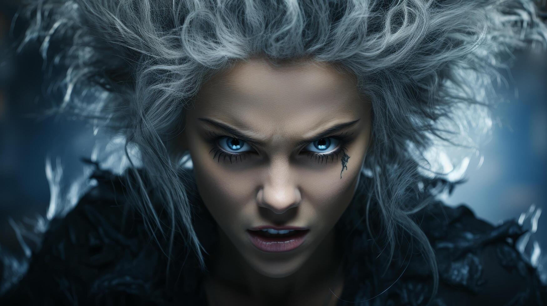 Intense woman with striking blue eyes and wild hair photo