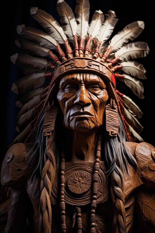 Detailed wooden carving of a native american chief photo
