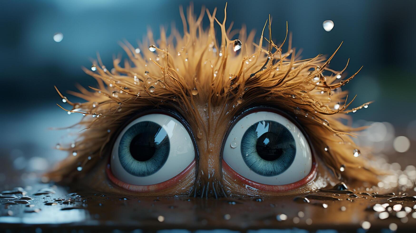 Detailed close up of a pair of large, expressive eyes with golden eyelashes and water droplets photo