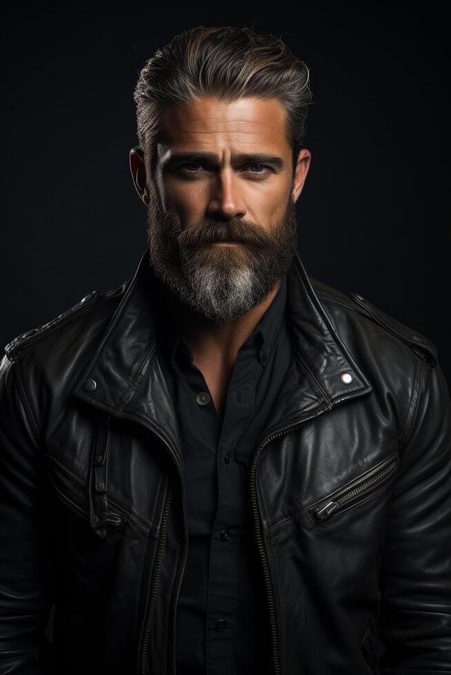 Rugged man with beard in leather jacket photo