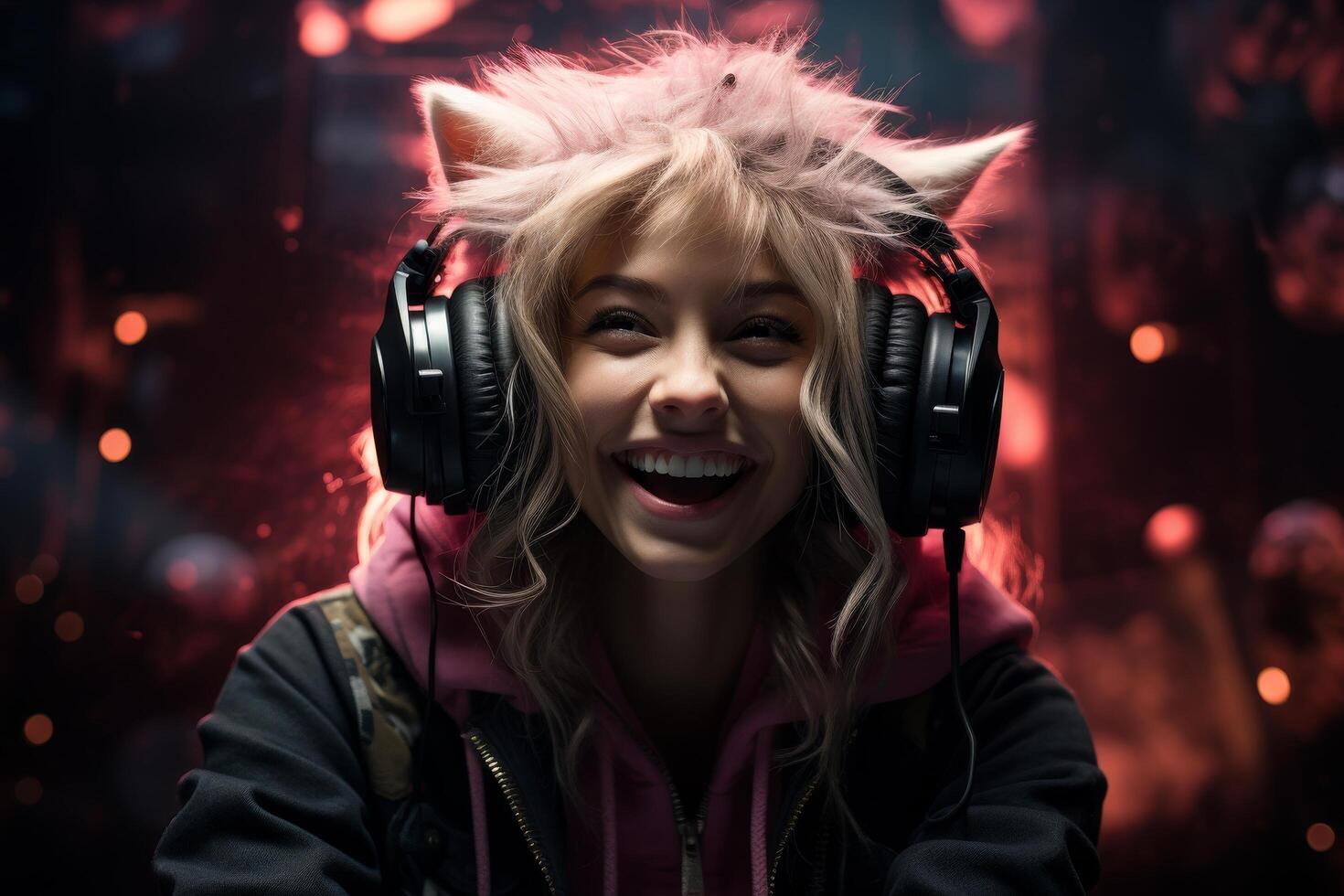 smiling woman with headphones in front of colorful background photo