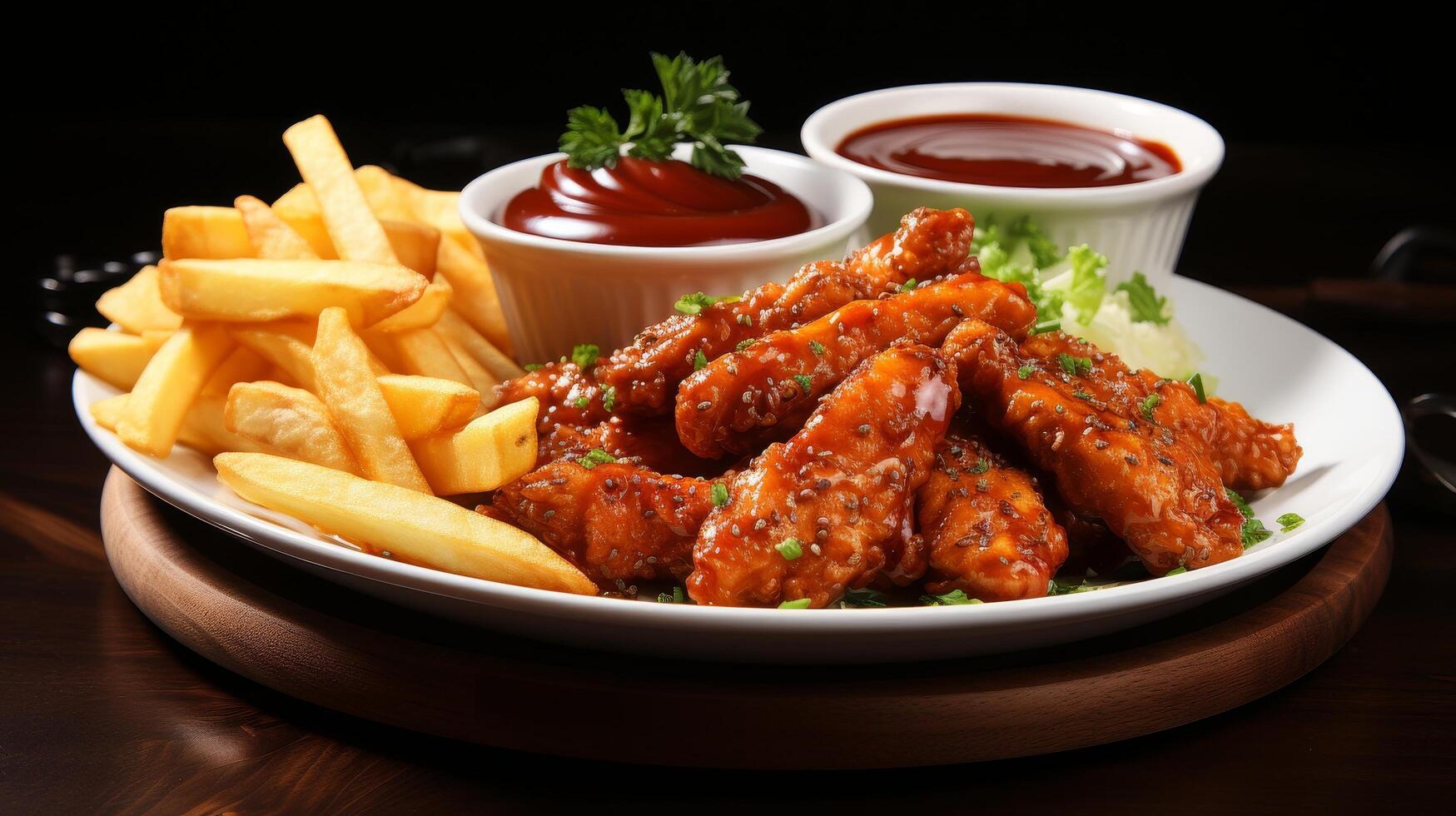 Delicious spicy chicken wings and french fries photo